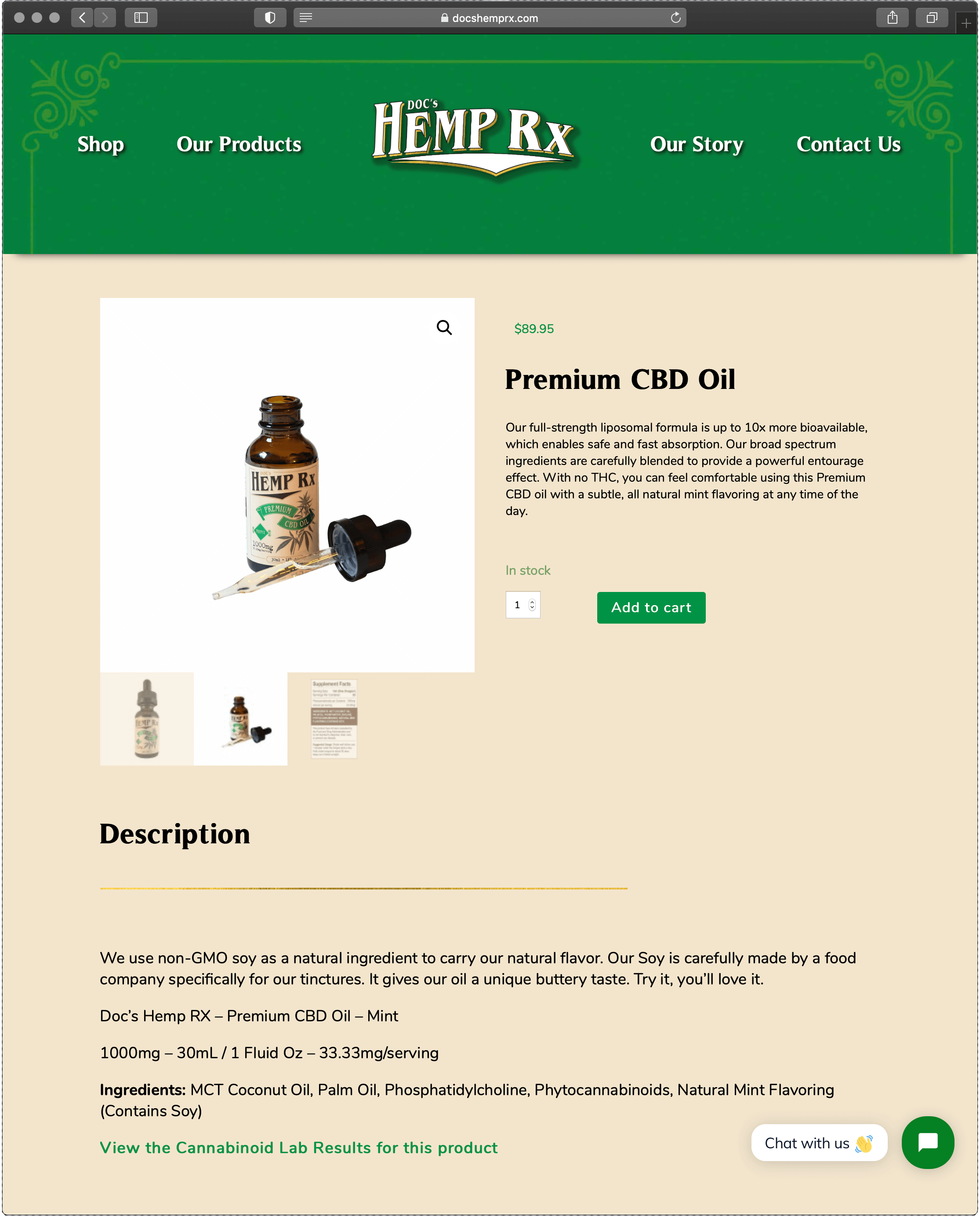 snapshot of product page on Doc's Hemp RX site
